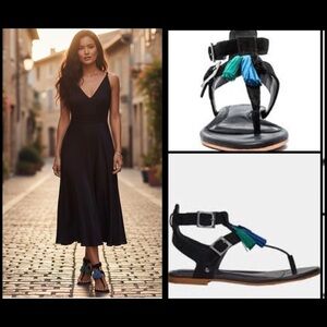 UGG Lecia Suede and Leather Black Sandals with Tassel/Fringe Accents Boho 6.5W